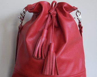 Red Handmade Large Leather Drawstring Bucket Bag