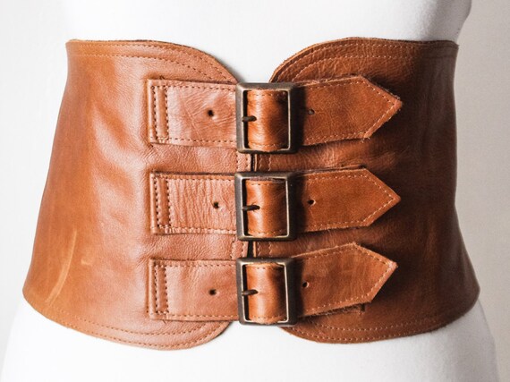 Distressed Tan Corset Leather Three Buckle Belt Tan Brown