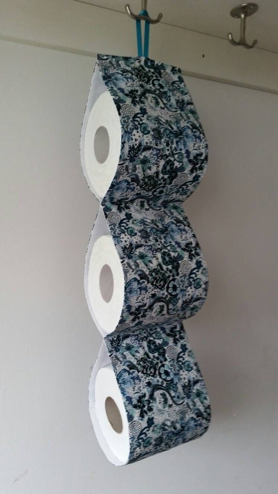 Fabric Toilet Roll Holder/ white with blue and black print