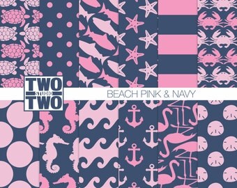 Nautical Digital Paper: "PINK & NAVY PATTERNS" with Turtle, Shark, Anchor, Starfish, Sand Dollar, Flamingo, Crab, Ocean Backgrounds