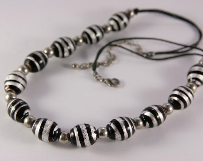 Black Silver Bib Necklace Striped Beaded Choker Modern Office Jewelry