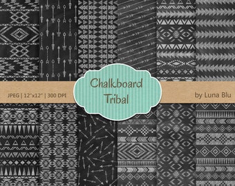 Chalkboard Digital Paper: "Chalkboard Tribal" chalkboard aztec, tribal digital papers for invites, scrapbooking, cardmaking, crafts