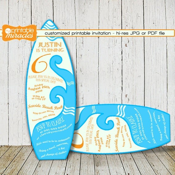 Surfboard shaped invitation, Custom digital printable surf birthday ...