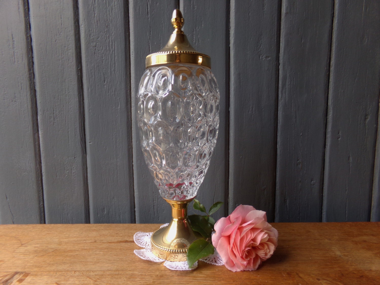 Lovely footed glass jar with gold trim and lid, French vintage home