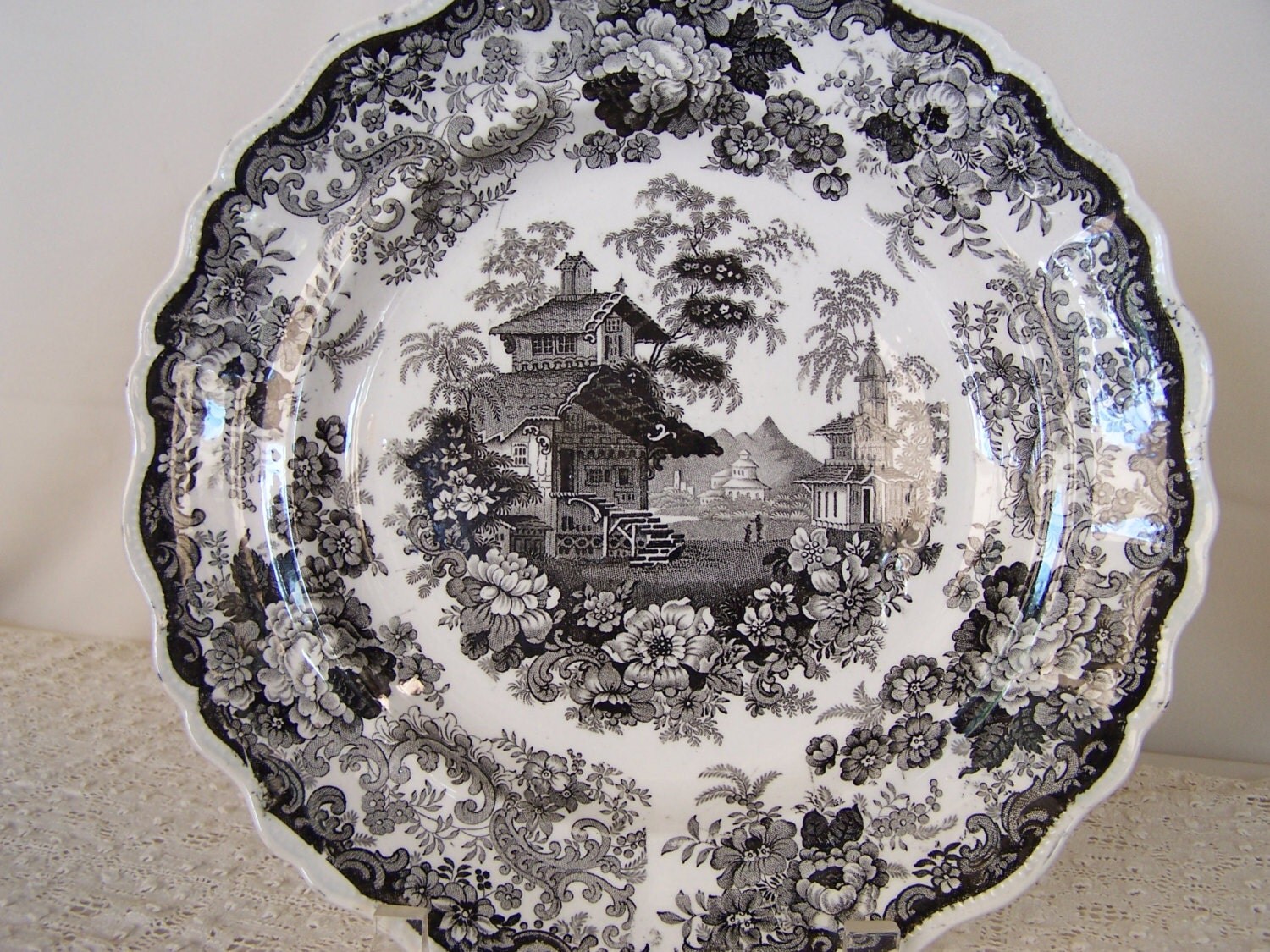 10 Antique Rare Black Transferware Plate by GlenFloraEmporium