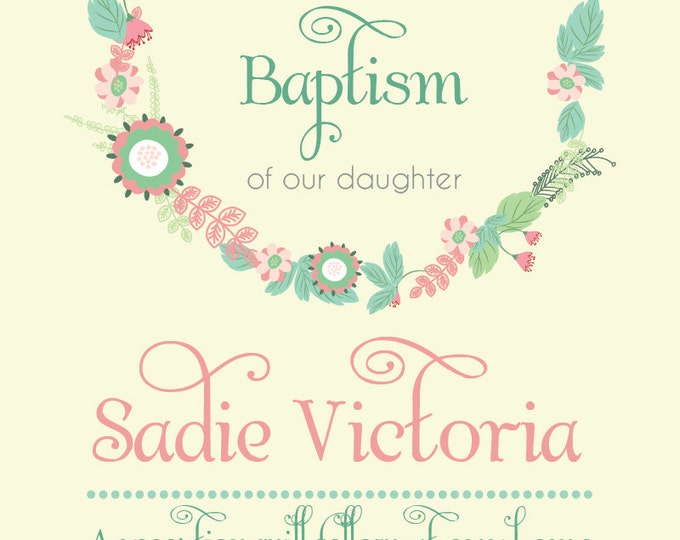 Baptism Invitation. Printable baptism invite. Pastel colors, mint and pink floral baptism. Printable invitation.