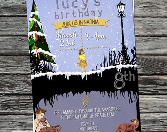 The Lion, the Witch & the Wardrobe, Narnia Invitations, woodland invites, Mr Tumnus, Lucy, lamp post, Otter, snowy scene, winter wonderland