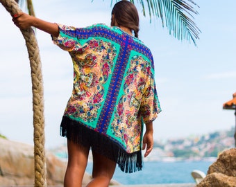 Colocsty Azul Fringe Kimono / Boho /Festival Clothing/ Cover Up