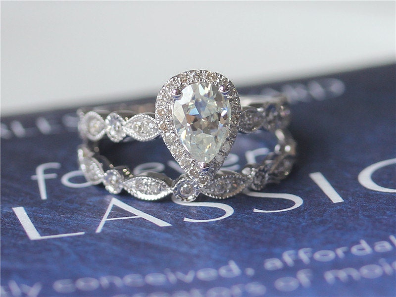 Unique Wedding Ring Set Moissanite Ring Set 14K White Gold