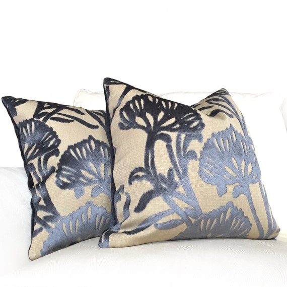 Slate Blue Floral Cut Velvet Decorative Throw Pillow Cushion