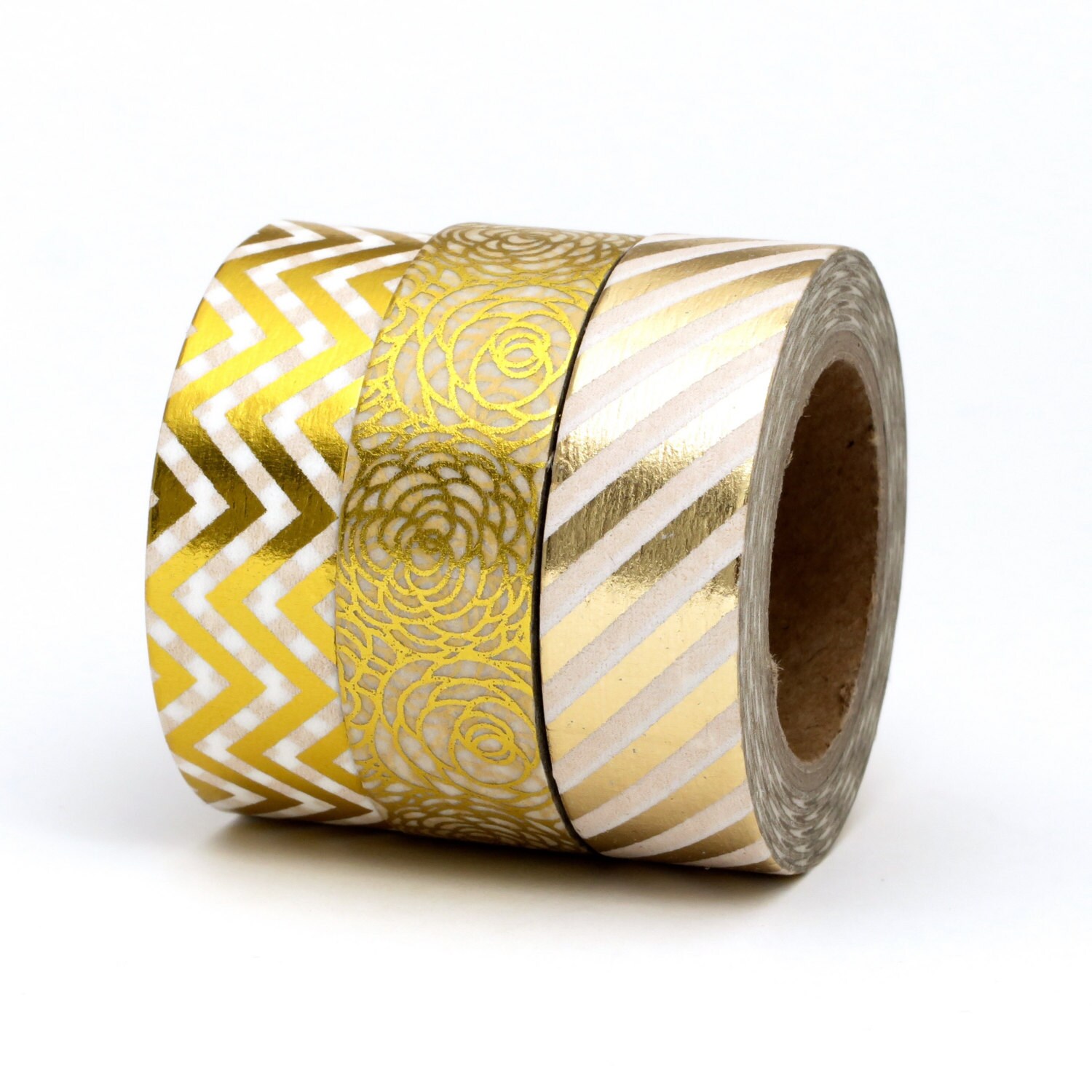 Gold Foil Washi Tape Set Chevron Floral Stripes Metallic 10