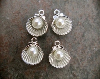 Sea Shell Charms with Pearl accents silver finish Package of 4 charms perfect for adjustable bangle bracelets Beach theme charms