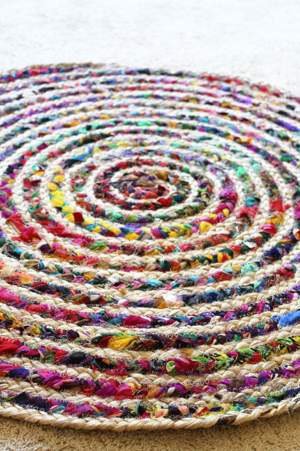 Jute Rug Round Jute and Cotton Bright Braided by YourGreatestStory
