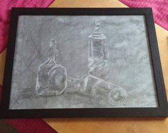 Original, hand-drawn in charcoal- Reflective Bottles