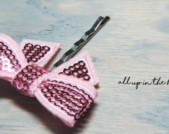 Bow Bobby Pin -Sequin Bow Bobby Pin - Pink Bow Bobby Pin