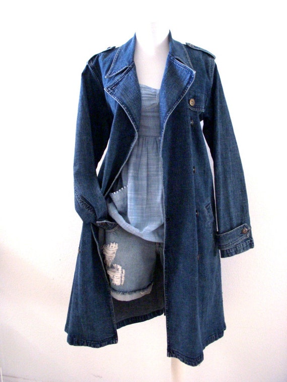 Vintage 80s 90s Blue Denim Duster Coat Double Breasted Blue
