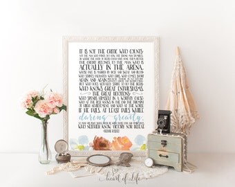 Printable art, Inspirational quote print, The Man in the Arena quote, Theodore Roosevelt quote, Motivational quote, HEART OF LIFE Design art