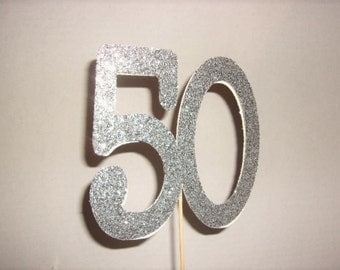 50 Silver Cake Toppers, 50 Cake Toppers, Birthday Cup Cake Toppers, Happy Birthday Cup Cake Toppers, 50 Centerpieces.