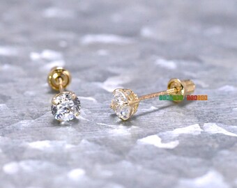 14K Gold Earring,Womens Gold Earrings,4mm Basket Setting Round Solitaire,Gold Stud Earring,Clear CZ,April Birthstone Earrings,Minimal Petite