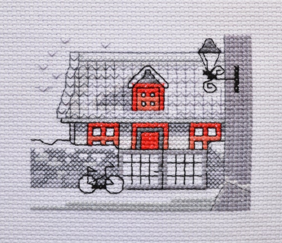 House With Red Windows Cross Stitch - Completed Cross Stitch - Cross Stitch Building - Cross Stitch Wall Decor - Red Grey Decor