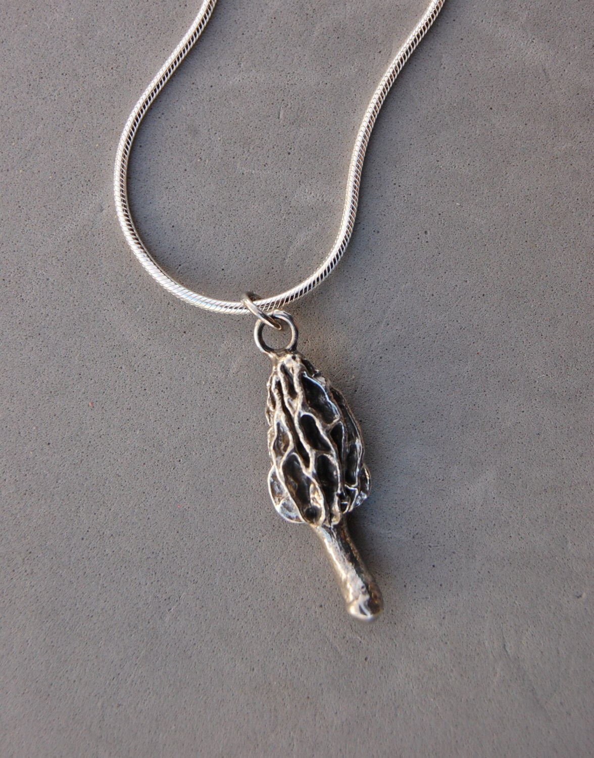 Sterling Silver Morel Mushroom Pendant Necklace on 24