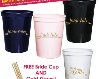 10 Bachelorette Party Cups- Bride Tribe Cups- Bachelorette Party Favors- Bachelorette Party Decorations- Gold Wedding- Hen Party Can Coolers