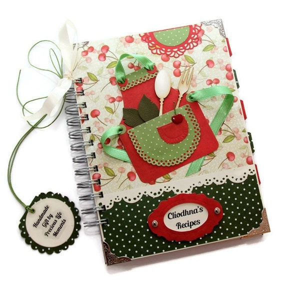 Recipe Journal Cherry Design, Handmade Blank Cook Book, Family Recipe Journal, Hostess Gift, Bridal Shower Gift, Red, Green and Cream Book