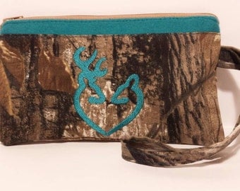 RealTree teal camo zipper pouch, camo pencil case, teal camo makeup bag, teal camo wallet, teal camo