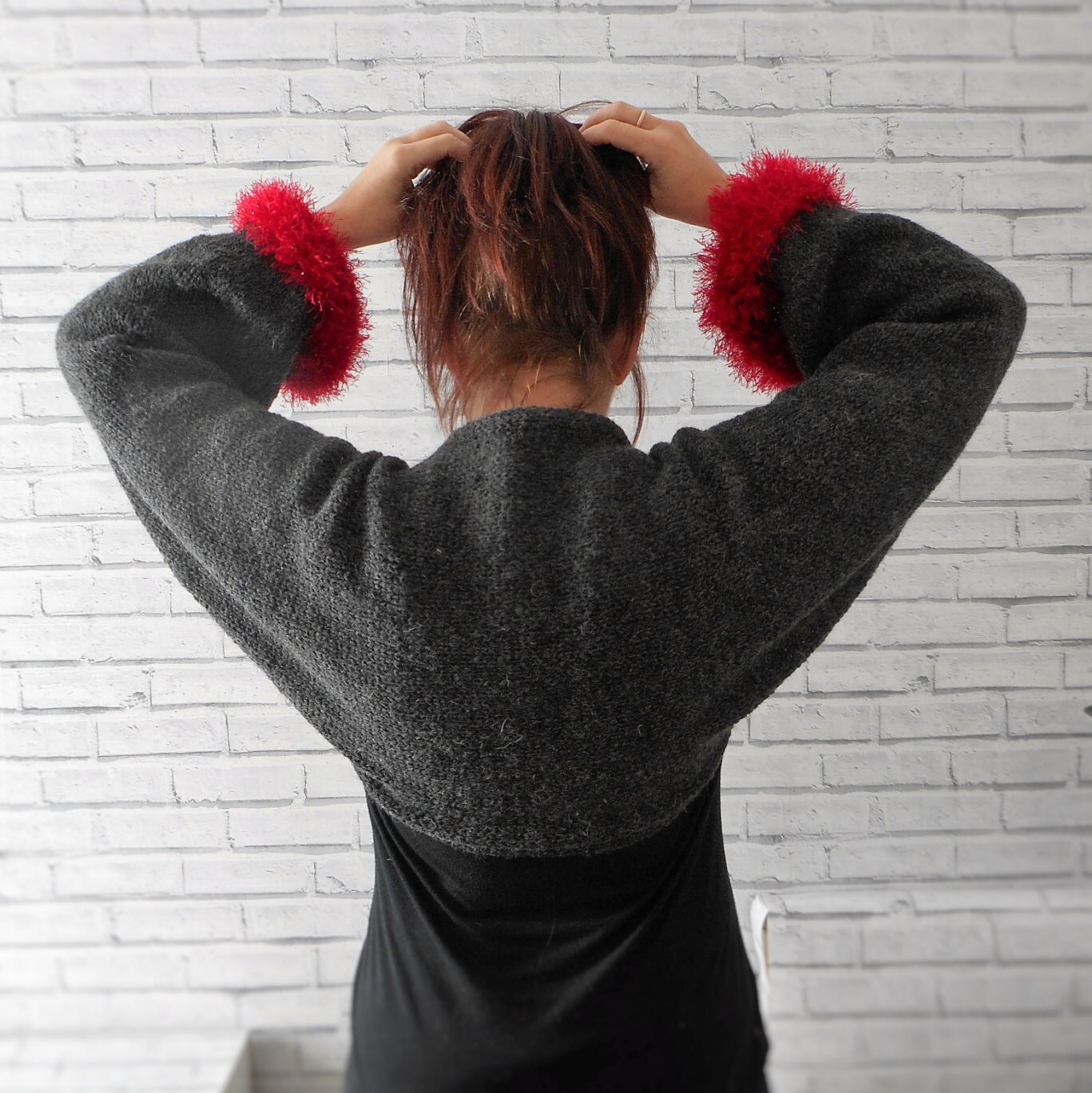 Long sleeve shrug knitted fur trim bolero crop cardigan