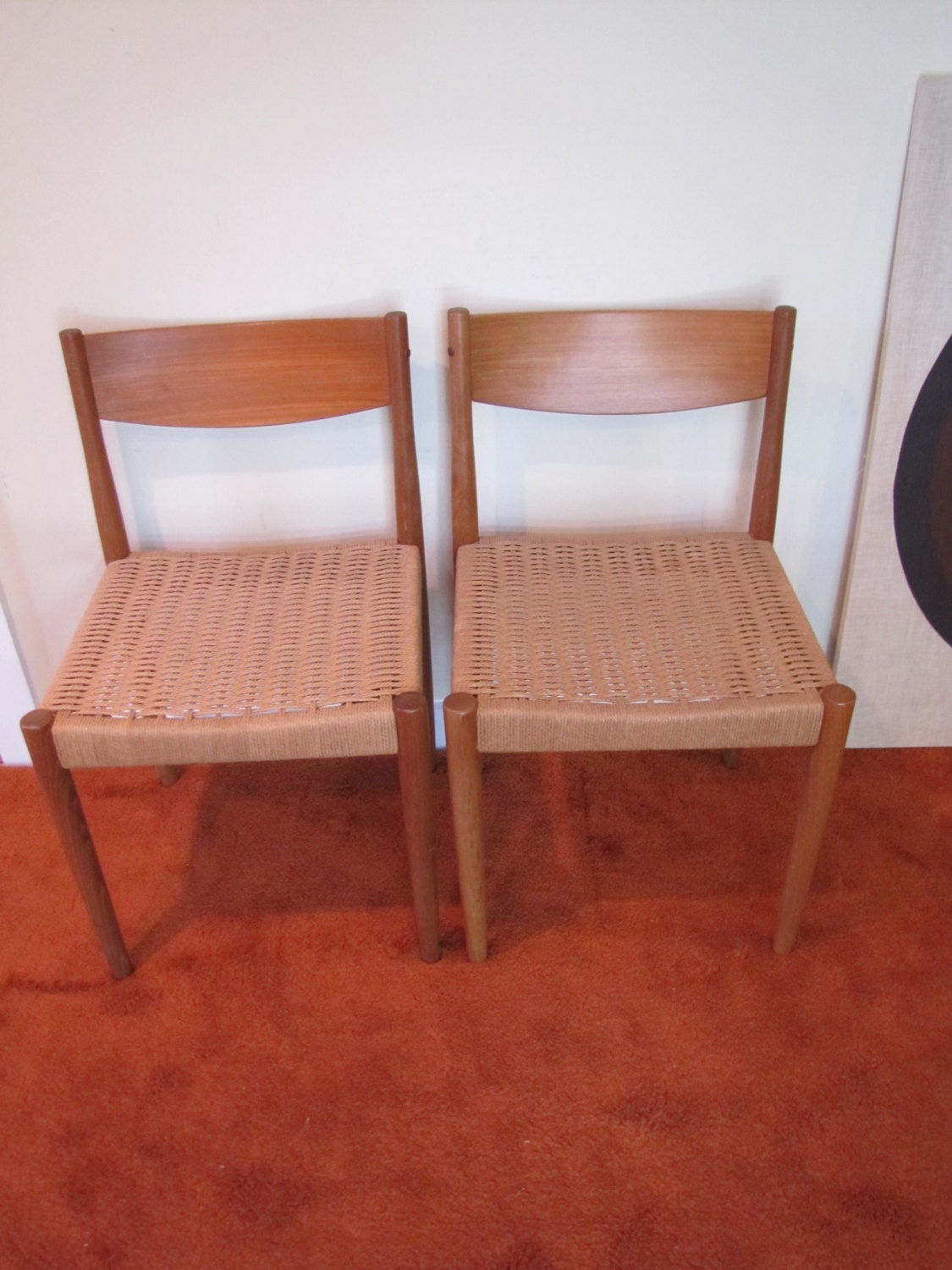 Mid Century Teak Dining Chairs Woven Seat Set of 2 Teak
