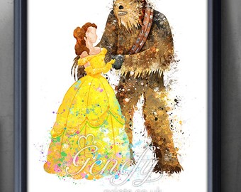 Disney Star Wars Princess Belle Beauty and the Beast (Chewbacca) Watercolor Poster Print - Watercolor Painting - Watercolor Art - Kids Decor