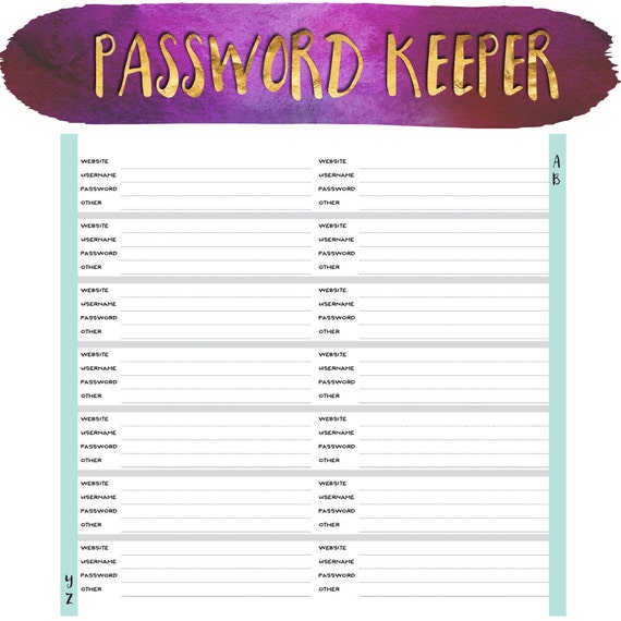 Alphabetised Password Keeper Notebook All Sizes: Printed