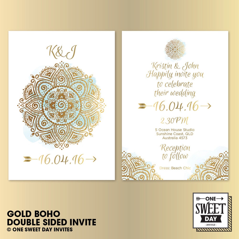 Wedding Invitation Printable Gold Boho Watercolor Boho