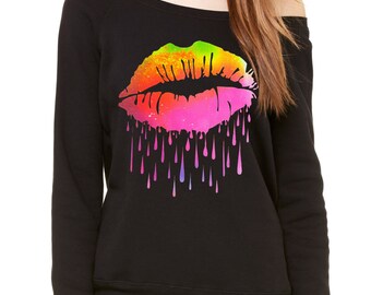 Slouchy Rainbow Paint Drip Lips Ladies Slouchy Off The Shoulder Sweatshirt #1215 by Expression Tees Trending Seasonal Apparel Gifts