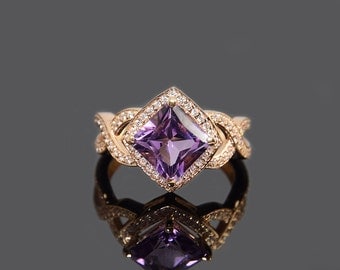 Amethyst ring gold, Art deco gold ring, Unique gold ring, Engagement ring, 14k amethyst ring, Purple stone ring, February birthstone