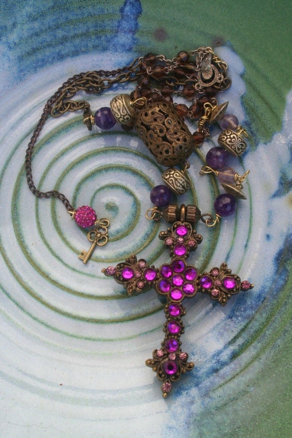 SALE Vintage Assemblage necklace, Upcycled vintage necklace, crucifix necklace,Religious Assemblage necklace, Bohemian Vintage jewelry, by IRISHTREASURE steampunk buy now online