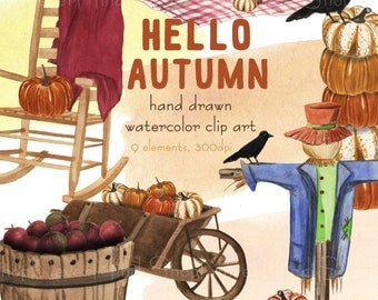Fall clip art set watercolor autumn clipart kit with orange brown and blue picnic basket apples scarecrow pumpkin crow and chair kit