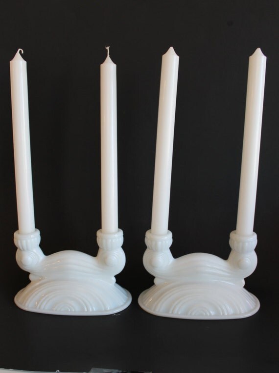 Set of 2 McKee Milk Glass Double Candle Stick Holders