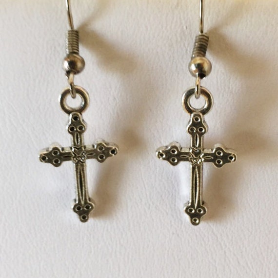 Fancy Cross Charm Silver Tone Pierced Earrings by cbfcreationsHB