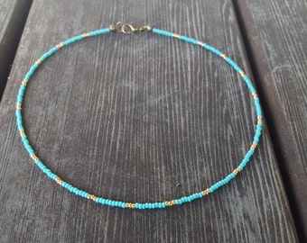Turquoise Gold Beaded Choker, Blue Seed Bead Choker, Minimal Choker, Original OrangeKnot, Czech Glass, Small Beads Choker, Beaded Necklace