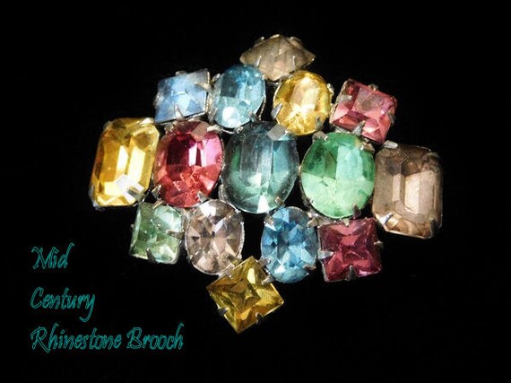 Vintage Mid Century Rhinestone Brooch 1950s Old Hollywood Multi Color Glass Rhinestone Geometric Brooch Wedding Bride Bridal Jewelry