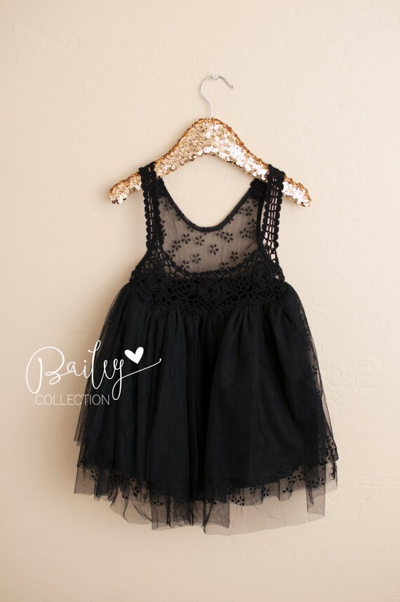 Black Crochet Rose Rosette Lace Tulle Tutu Dress- Country Dress, Holiday Dress, New Years Dress, Bridal Dress, Flower Girl Dress,