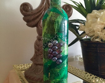Decoupage Wine Bottle with Glass Grapes