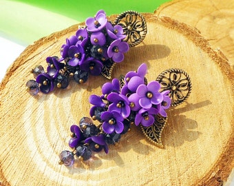 Cluster Earrings gradient Lilac Purple Violet / Handmade polymer clay flowers / Long Earrings Lilac Flowers / Drop Earrings Floral Jewelry