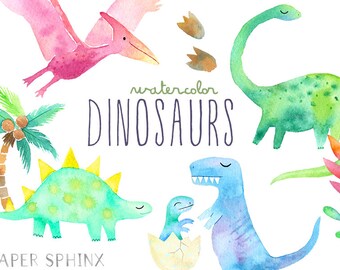 Watercolor Dinosaur Clipart | Girly Dinosaur Clip Art - Dinosaur Birthday Party - Girls Dinosaurs - T Rex, Pterodactyl - Digital PNG Files