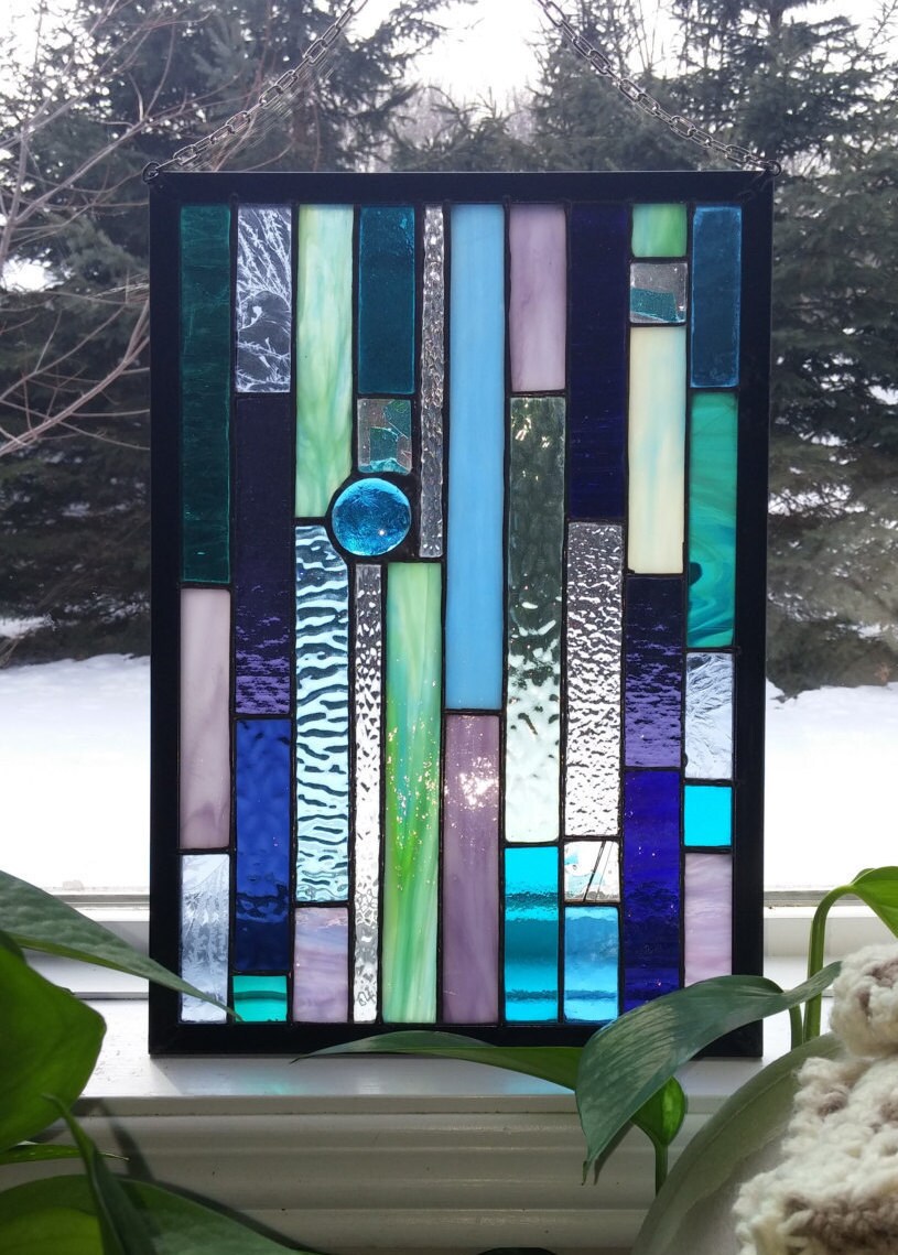 Stained glass window hanging.Glass panel.Blue by Firelightglassart