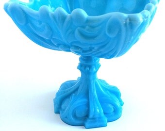 Blue Milk Glass Compote - Blue Milk Glass Pedestal Dish - French Portieux Vallerysthal Blue Opaline Compote - Blue Opaque Glass Dish - Rare