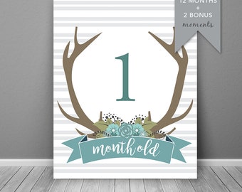 Antler Boys Baby Milestone Card Blue | Instant Download | Printable Card | Milestone Photo Prop | Baby Age Sign | Month Prop | Month Sign