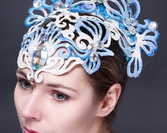 White with blue performance carnival headdress. Tribal headwear. Oriental headwear. !!!ONLY TO ORDER!!!