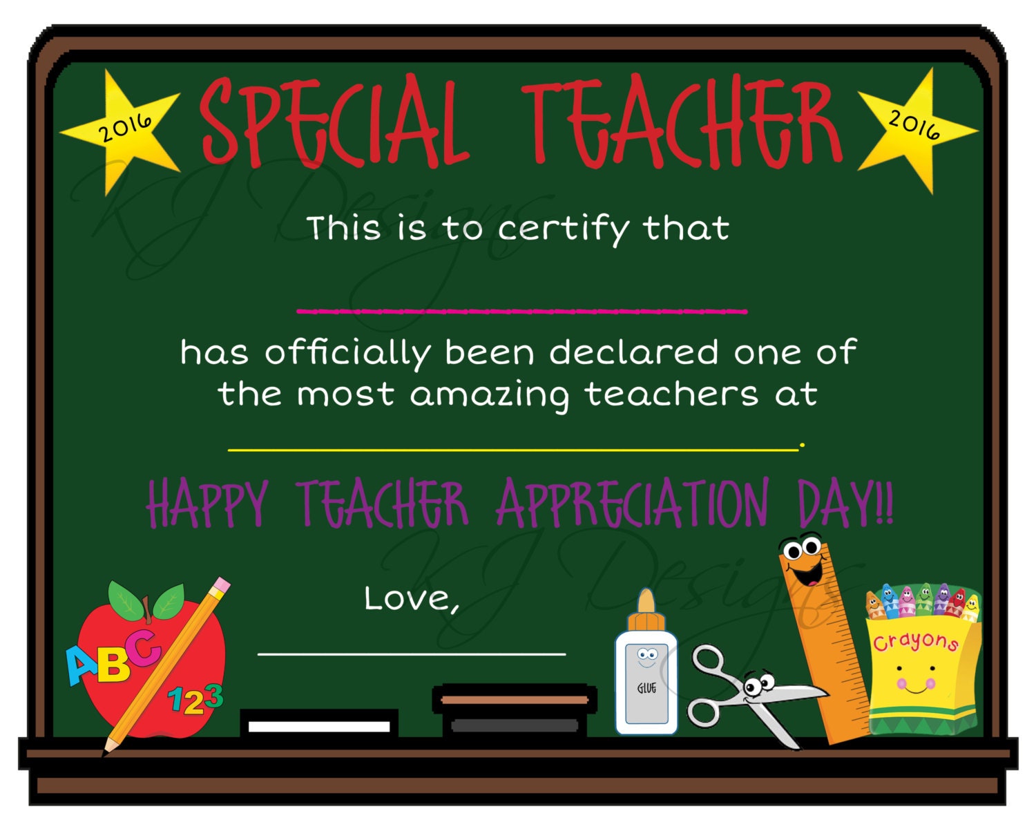 Teacher appreciation certificate print teacher gift teacher